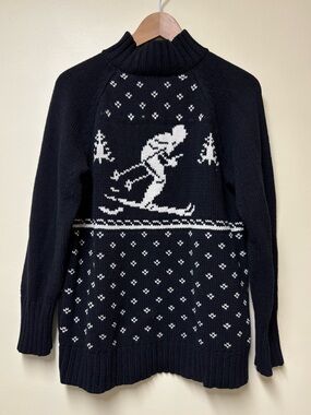 Classic Mock Neck Cotton Blend Black & White Nordic Snow Ski Sweater - Large